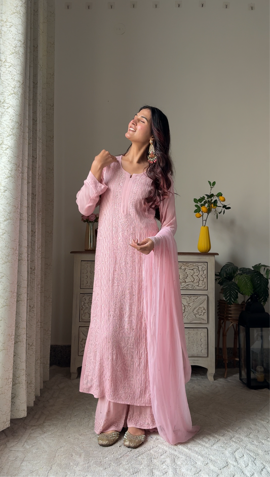 Baby pink premium georgette Chikankari Kurti set for women with matching dupatta, handmade Lucknow Mukaish add-on by LVW Fashions.