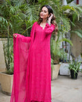 Pinkish premium georgette Kurta with intricate Lucknow chikankari and mukaish detailing, paired with matching bottom and dupatta.