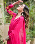 Pinkish premium georgette Kurta with intricate Lucknow chikankari and mukaish embroidery, includes matching dupatta, handmade by LVW Fashions.