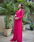 Pinkish Farah premium georgette chikankari kurta with mukaish embroidery and matching dupatta, handmade in Lucknow by LVW Fashions.