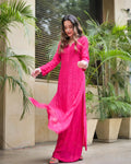 Pinkish Farah premium georgette kurta with intricate handmade Lucknow chikankari and mukaish add-on, paired with matching dupatta.