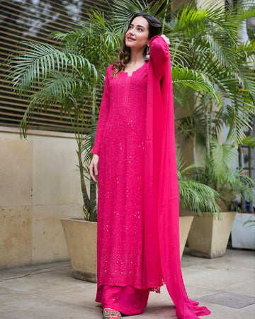 Pinkish premium georgette Chikankari kurta with Mukaish embroidery and matching dupatta, handmade by LVW Fashions from Lucknow.