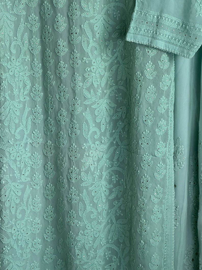 LVW Fashions Farah Premium Georgette Chikankari Kurta with Mukaish, includes matching dupatta, handcrafted in Lucknow Chikankari style.