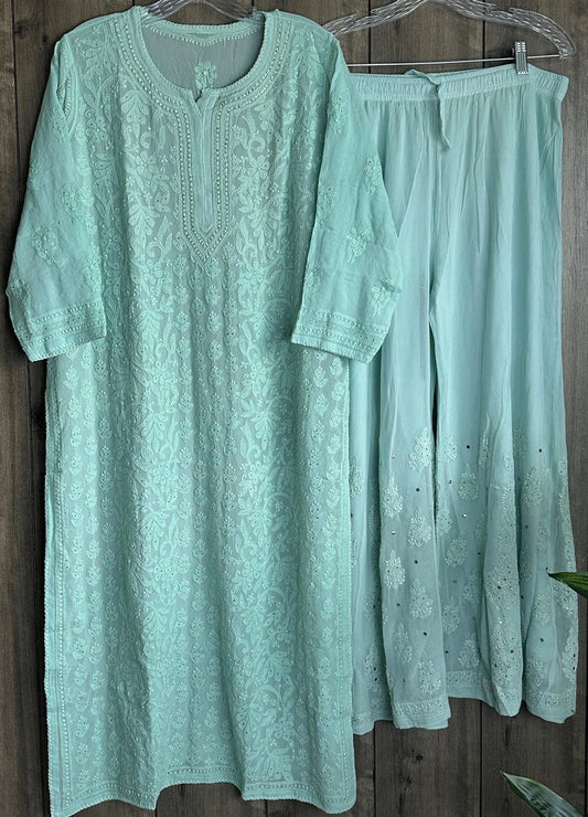 LVW Fashions Farah premium georgette chikankari kurta with mukaish embroidery and matching dupatta, handmade in Lucknow.