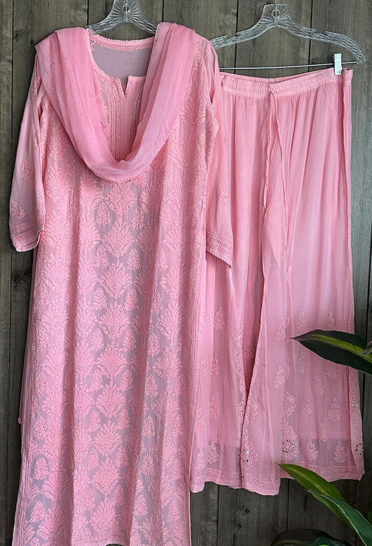 Pink Farah premium georgette Chikankari kurta with mukaish add-on, handmade Lucknow Chikankari, paired with matching dupatta.