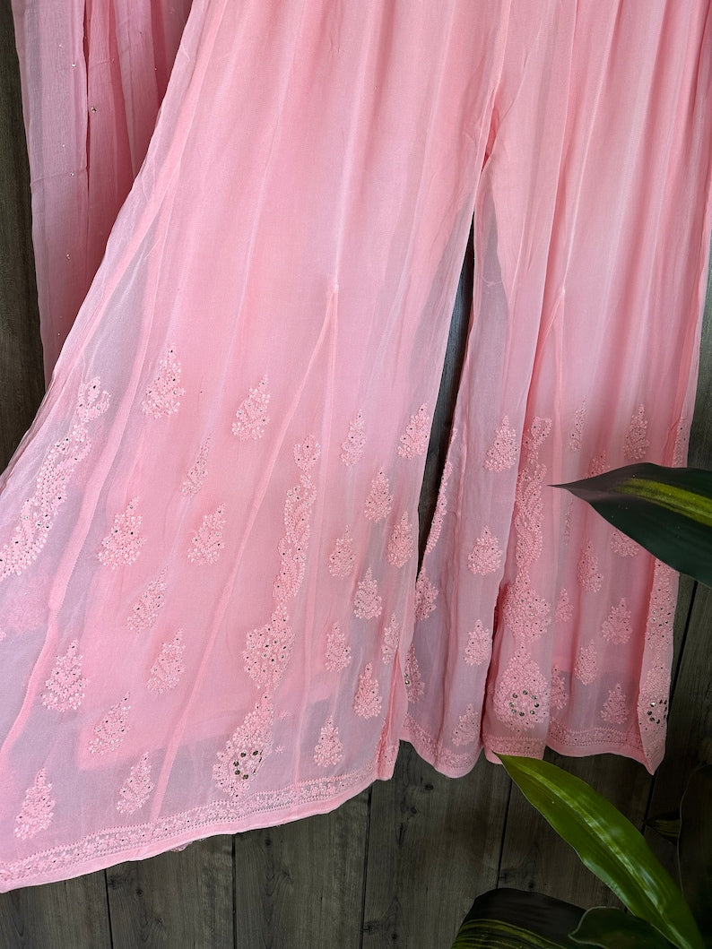 Pink Farah premium georgette chikankari kurta with mukaish embellishments, handmade Lucknow chikankari, includes matching dupatta.