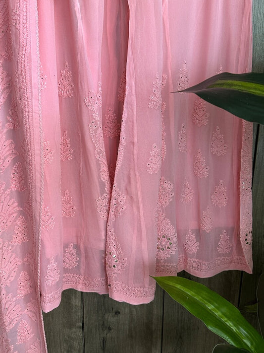 Pink Farah luxury georgette Chikankari kurta with mukaish embroidery and matching dupatta, handmade in Lucknow by LVW Fashions.