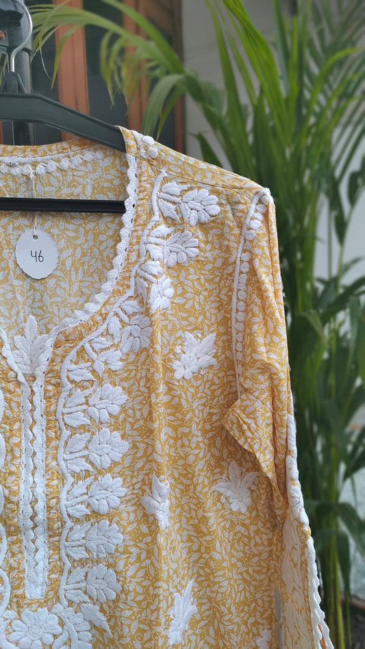 Wrist-cut premium mul soft cotton long Chikankari kurta by LVW Fashions with intricate handmade Lucknow embroidery.