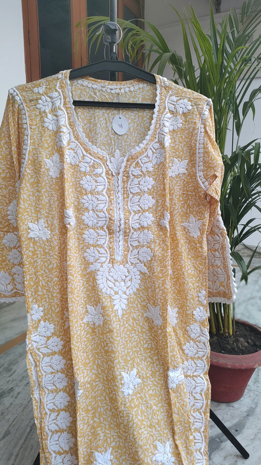 LVW Fashions long chikankari kurta with wrist cut, made from soft premium mul cotton, featuring intricate Lucknow-style hand embroidery.