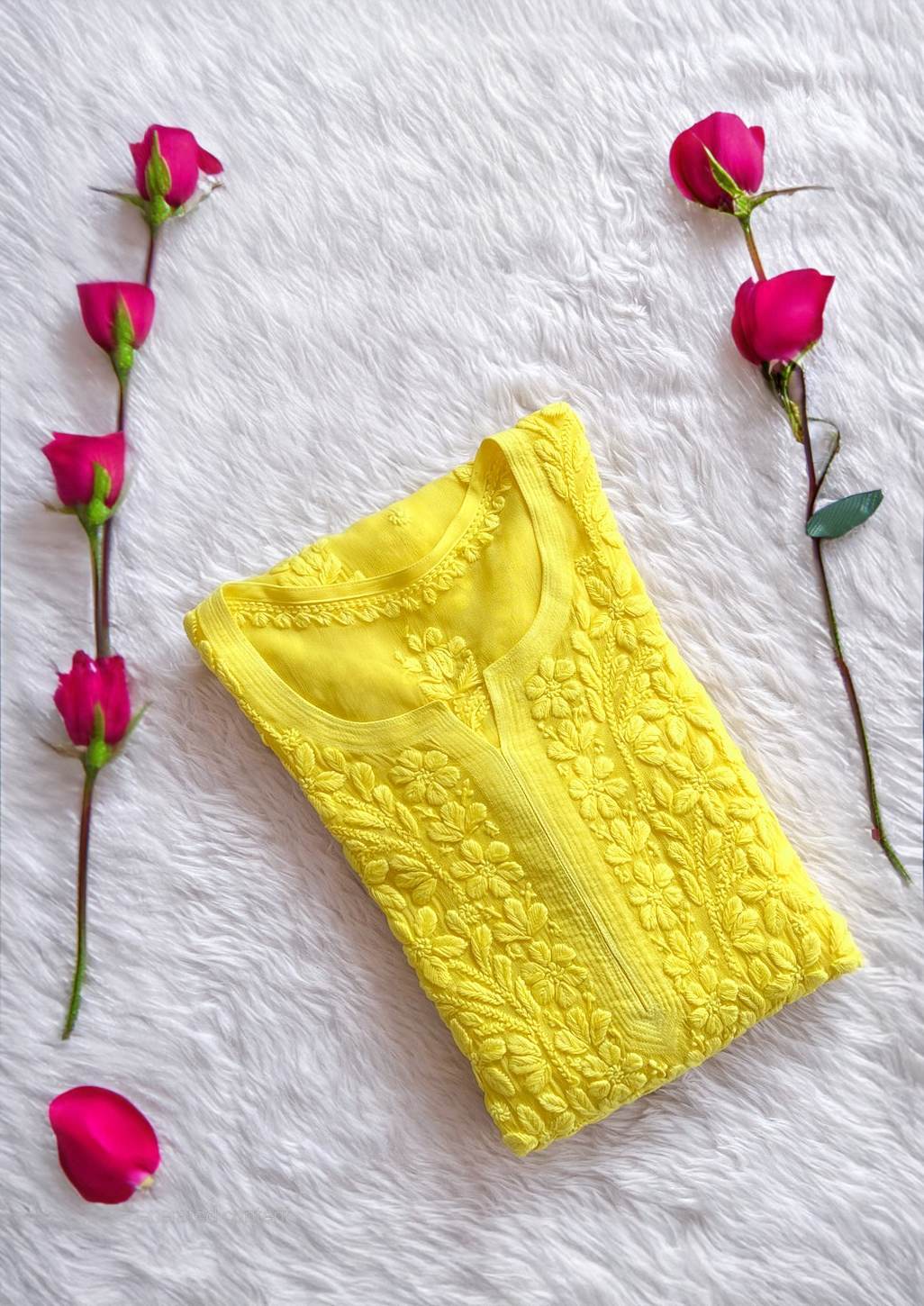 Yellow Meer Premium Georgette long Chikankari Kurti for women, handcrafted by LVW Fashions, featuring intricate Lucknow embroidery.