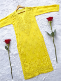 Yellow Meer premium georgette long chikankari kurti for women, handcrafted by LVW Fashions with traditional Lucknow embroidery.