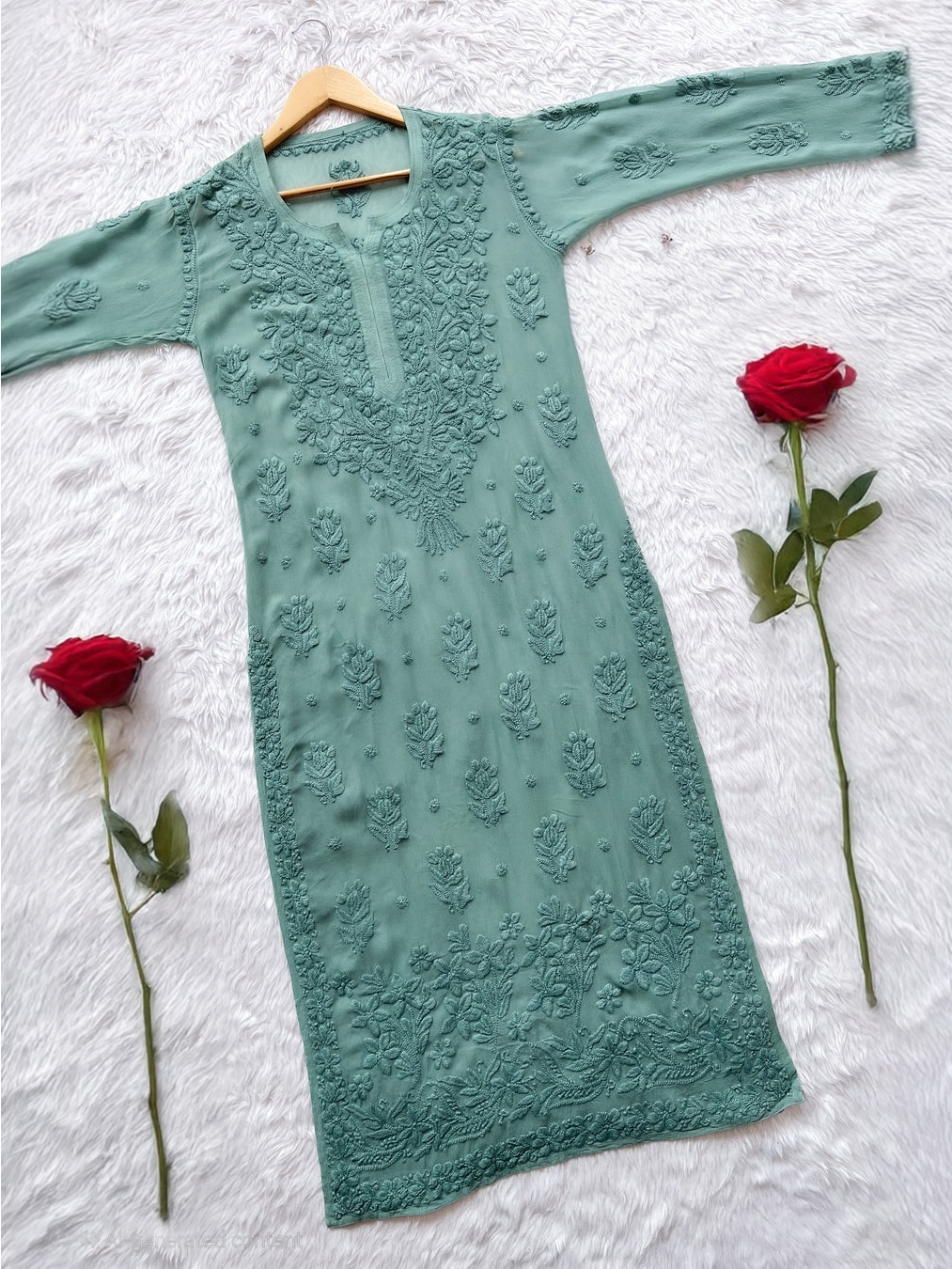 Yellow Meer Premium Georgette long Chikankari Kurti for women, handcrafted by LVW Fashions, featuring intricate Lucknow embroidery.