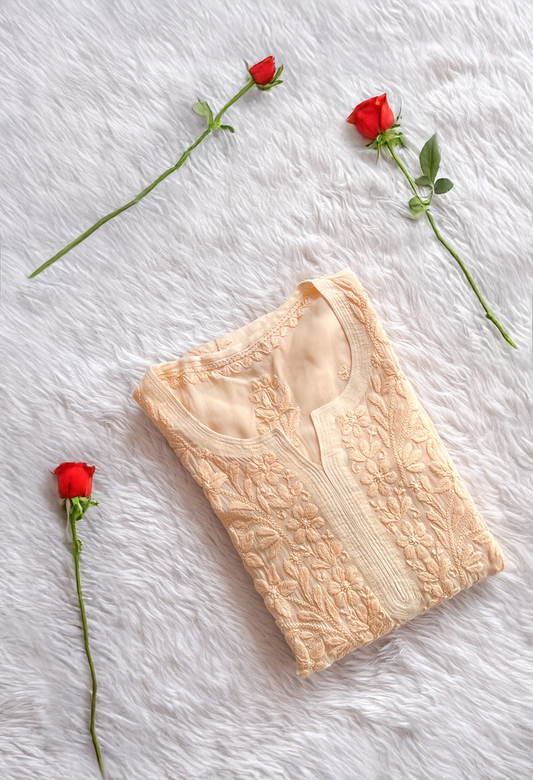 Yellow Meer Premium Georgette long Chikankari Kurti for women, handcrafted Lucknow-style Chikankari by LVW Fashions.