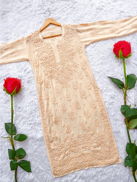 Yellow Meer Premium Georgette long Chikankari Kurti for women by LVW Fashions, featuring intricate handcrafted Lucknow embroidery.