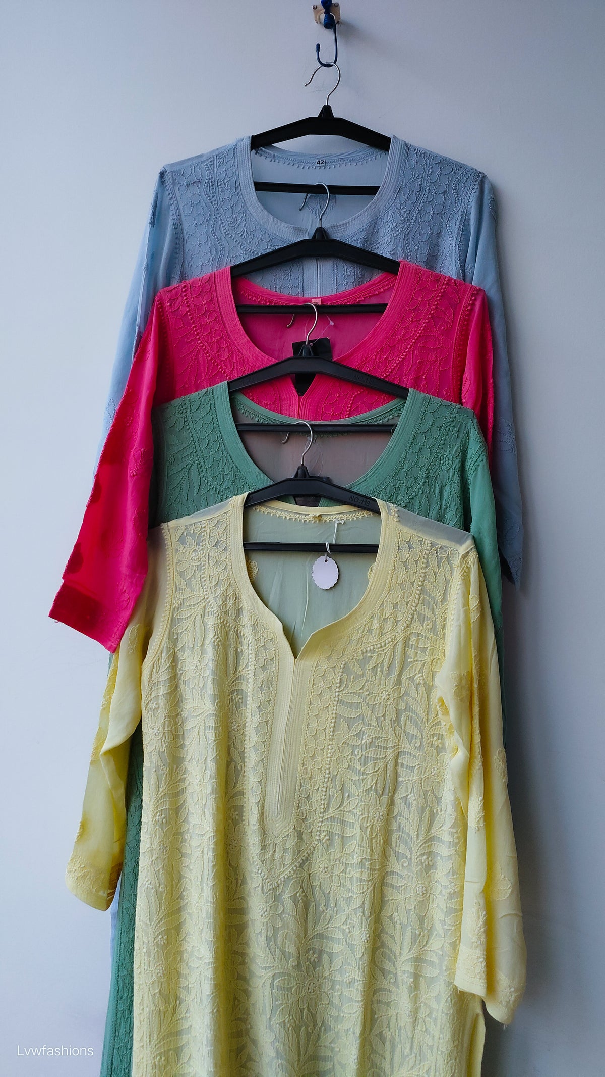 Yellow premium georgette long kurta with intricate Jaal Chikankari embroidery by LVW Fashions, handcrafted in Lucknow.