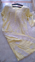 Yellow cotton silk chikankari co-ord set by LVW Fashions featuring intricate handmade Lucknow chikankari embroidery.