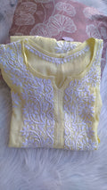 Yellow premium soft cotton silk Chikankari co-ord set by LVW Fashions featuring intricate handmade Lucknow Chikankari embroidery.