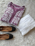 Handmade yellow cotton silk Chikankari co-ord set by LVW Fashions, featuring intricate Lucknow Chikankari embroidery.