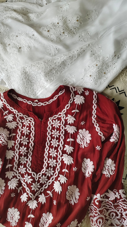 Zainy Premium Silk & Georgette Pure Handcrafted Chikankari co-ord Set
