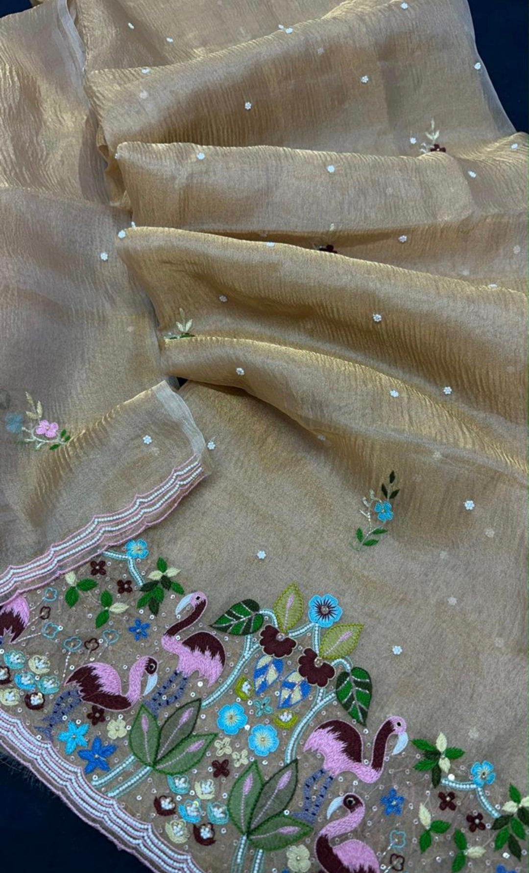 Pure tissue Chanderi Kurta and Dupatta set by LVW Fashions featuring handcrafted Chikankari embroidery in luxurious unstitched fabric.