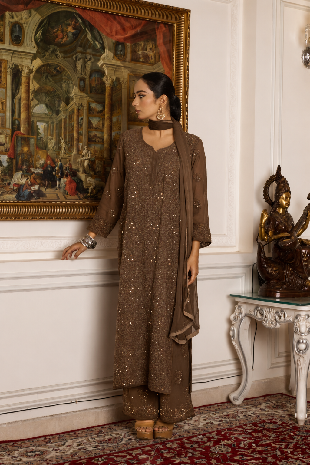 Brown Kaneez premium georgette kurta set by LVW Fashions featuring intricate pure handcrafted chikankari embroidery.