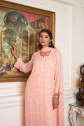 Rose pink Kaneez Premium Georgette Chikankari Kurta Set by LVW Fashions, featuring intricate handcrafted embroidery.