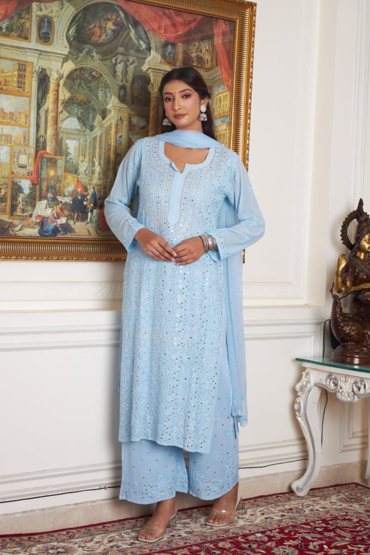 Rose pink Kaneez Premium Georgette Chikankari Kurta Set by LVW Fashions, showcasing intricate handcrafted embroidery on pure georgette fabric.