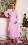 Rose pink Kaneez Premium Georgette Chikankari Kurta Set by LVW Fashions, featuring intricate handcrafted embroidery on pure georgette fabric.