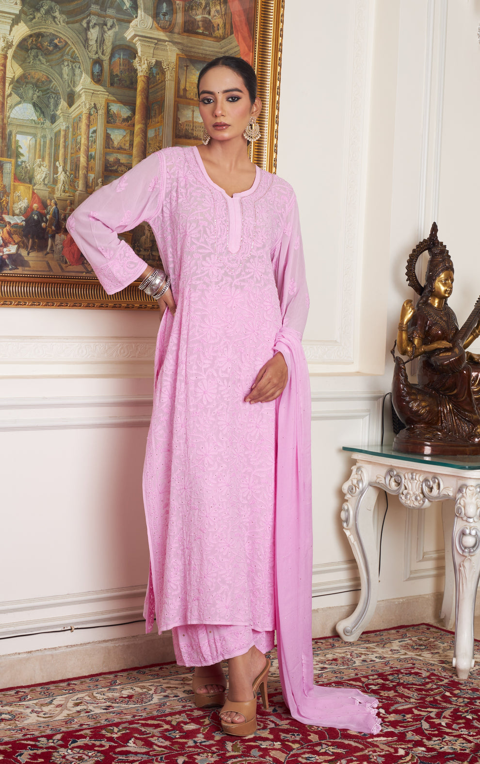 Rose pink Kaneez Premium Georgette Chikankari Kurta Set by LVW Fashions, featuring intricate handcrafted embroidery on pure georgette fabric.