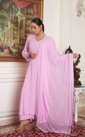 Rose pink Kaneez Premium Georgette Chikankari Kurta Set by LVW Fashions, featuring intricate handcrafted embroidery and elegant design.