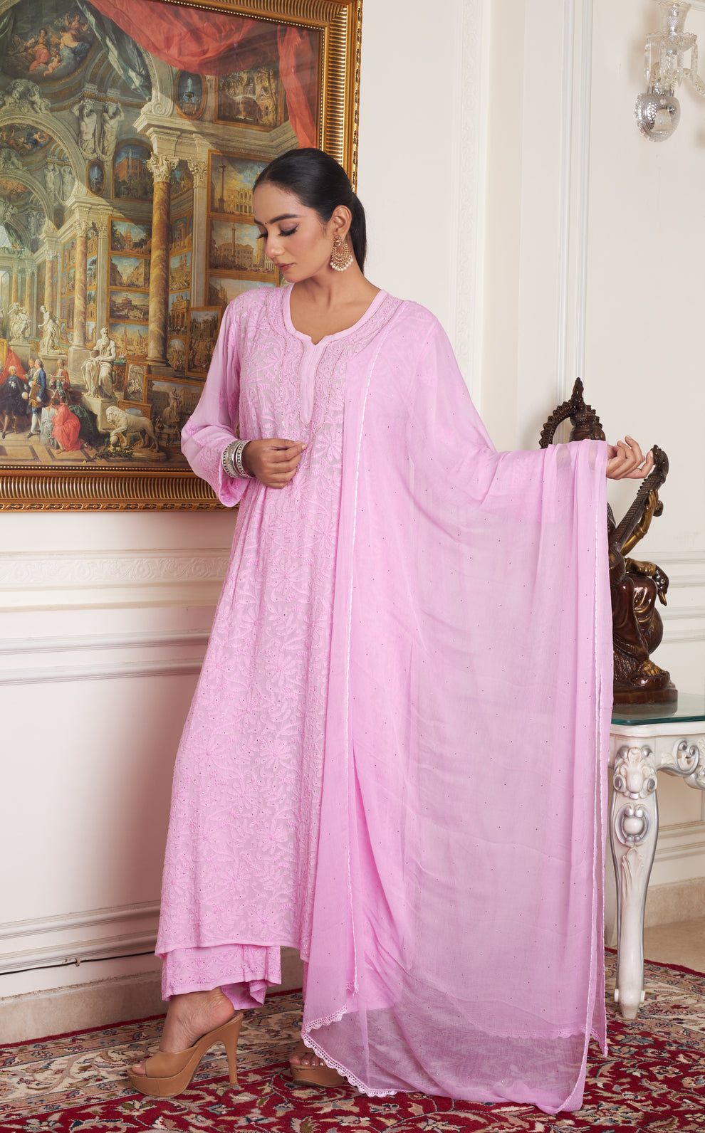 Rose pink Kaneez Premium Georgette Chikankari Kurta Set by LVW Fashions, featuring intricate handcrafted embroidery and elegant design.