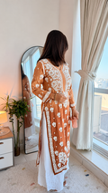 Rust-colored Meer Co-ord Set by LVW Fashions featuring a handcrafted Chikankari Kurta in premium crepe silk for women.