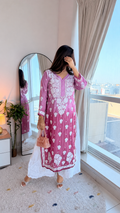 Rust-colored Meer Co-ord Set by LVW Fashions with premium crepe silk fabric and handcrafted Chikankari kurta for women.