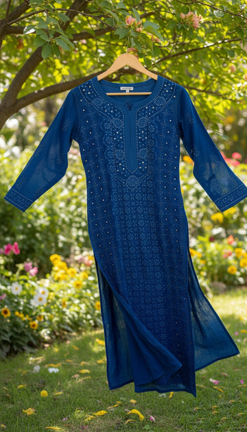 Blue Premium Georgette Chikankari Luxurious Set With Kamdani Add on