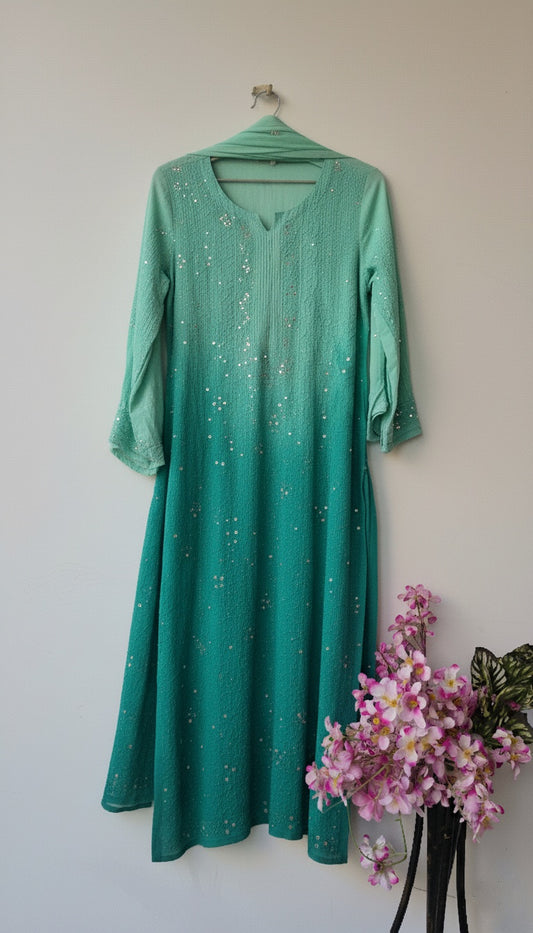 Teal Ombre Premium Georgette Chikankari Luxurious Set With Kamdani Add on