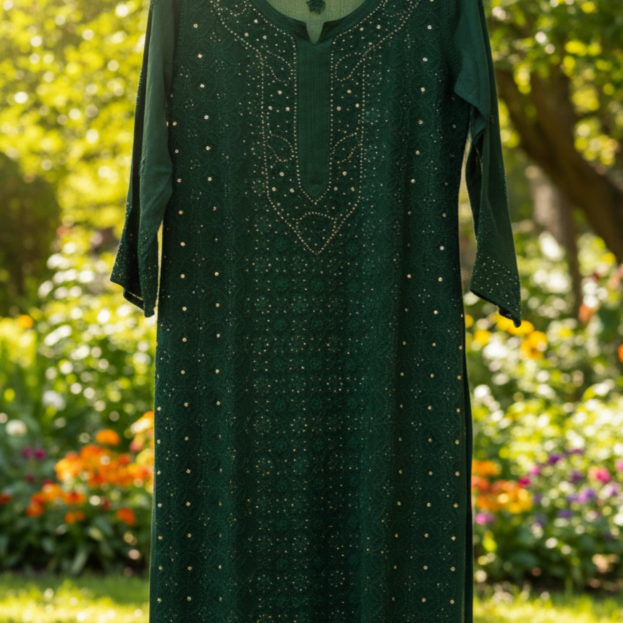 Bottle Green Premium Georgette Chikankari Luxurious Set With Kamdani Add on