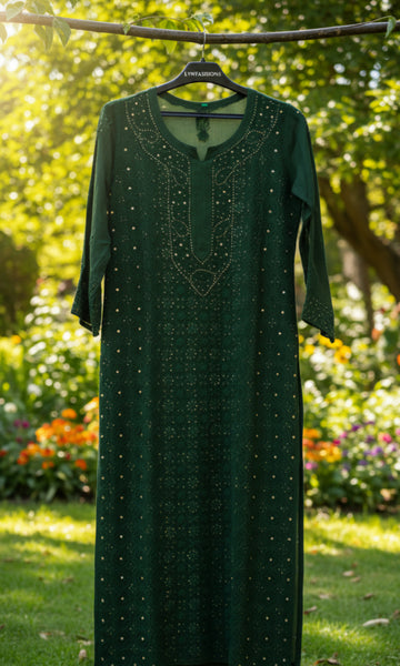 Bottle Green Premium Georgette Chikankari Luxurious Set With Kamdani Add on