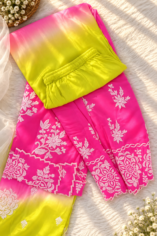 Neon Greepink Azhel Co-ord Set With back And Sleeves Embroidery Special (One Creation)
