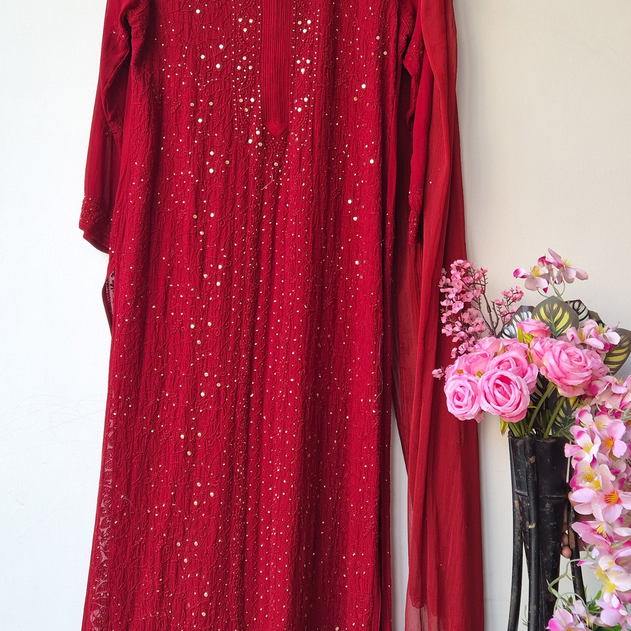 Noori Luxurious Chikankari Mukaish Long Kurta Dupatta Set