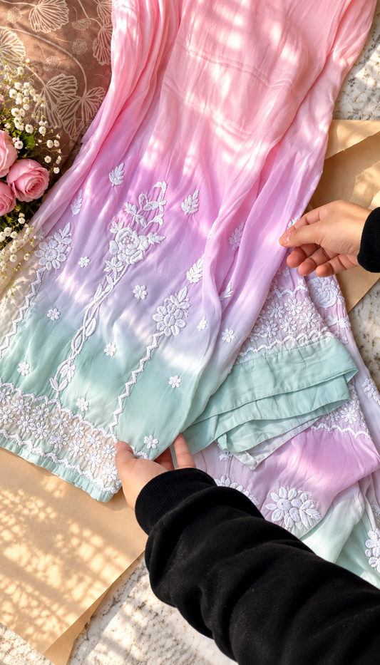 LVW Fashions Candy Premium Silk Chikankari Kurti Co-ord Set with intricate front and back embroidery, handmade Lucknow Chikankari.