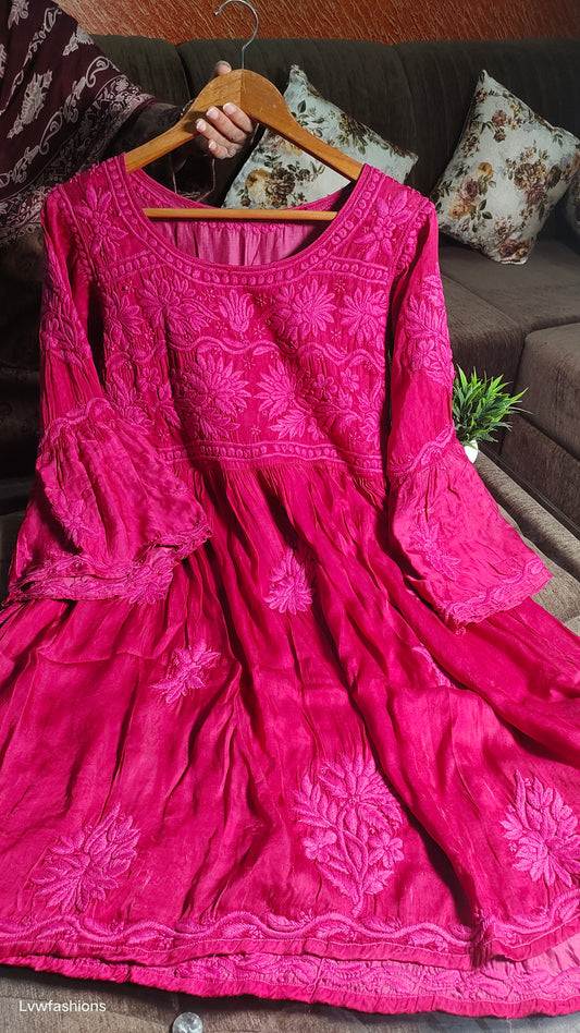 IRIANA Premium Satin Silk Chikankari Dhoti Tunic  Frill Sleeves co-ord Set