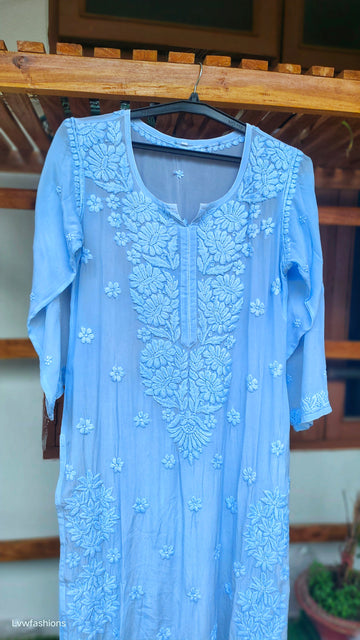 Shahsu Silver Blue Premium Silk Luxurious Look Chikankari Kurta