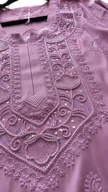 Lavender Rose Noori Premium Georgette Chikankari Pearls Cutdana Embroidery