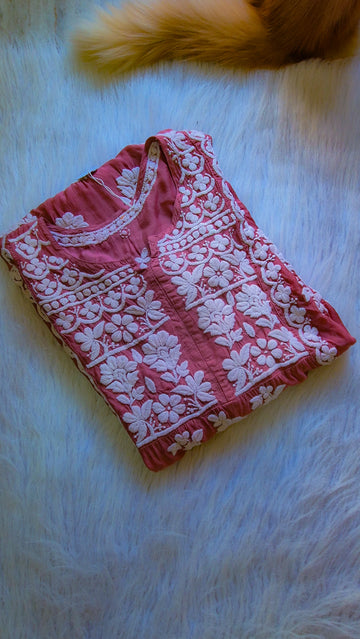 Deep Ruby Premium Crepe Silk Chikankari Tunic