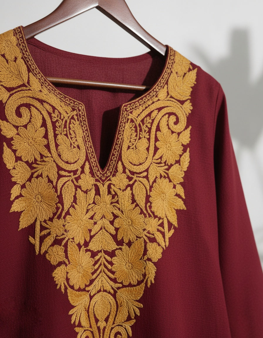 Kashmiri Mustard Aari Embroidered Woollen Coordset – Maroon | Refined Winter Wear