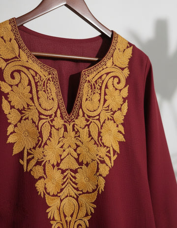 Kashmiri Mustard Aari Embroidered Woollen Coordset – Maroon | Refined Winter Wear