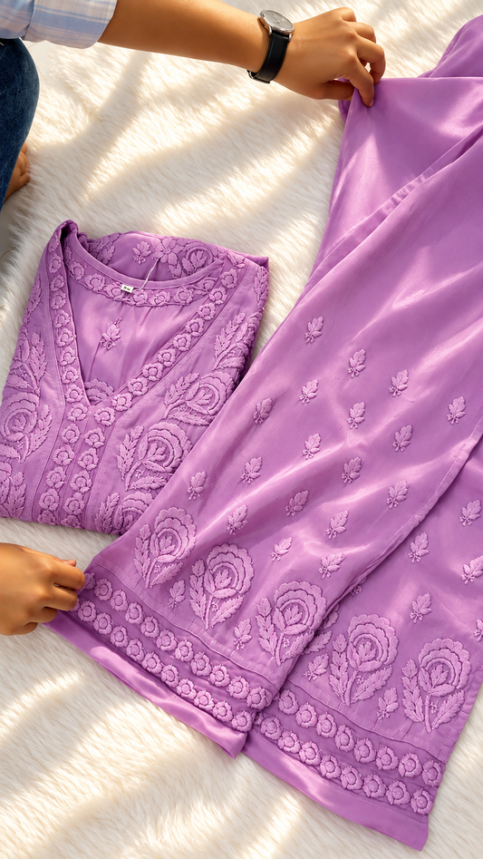 Shehzadi Premium Lavender Silk Pure Chikankari Tunic Co-ord Set