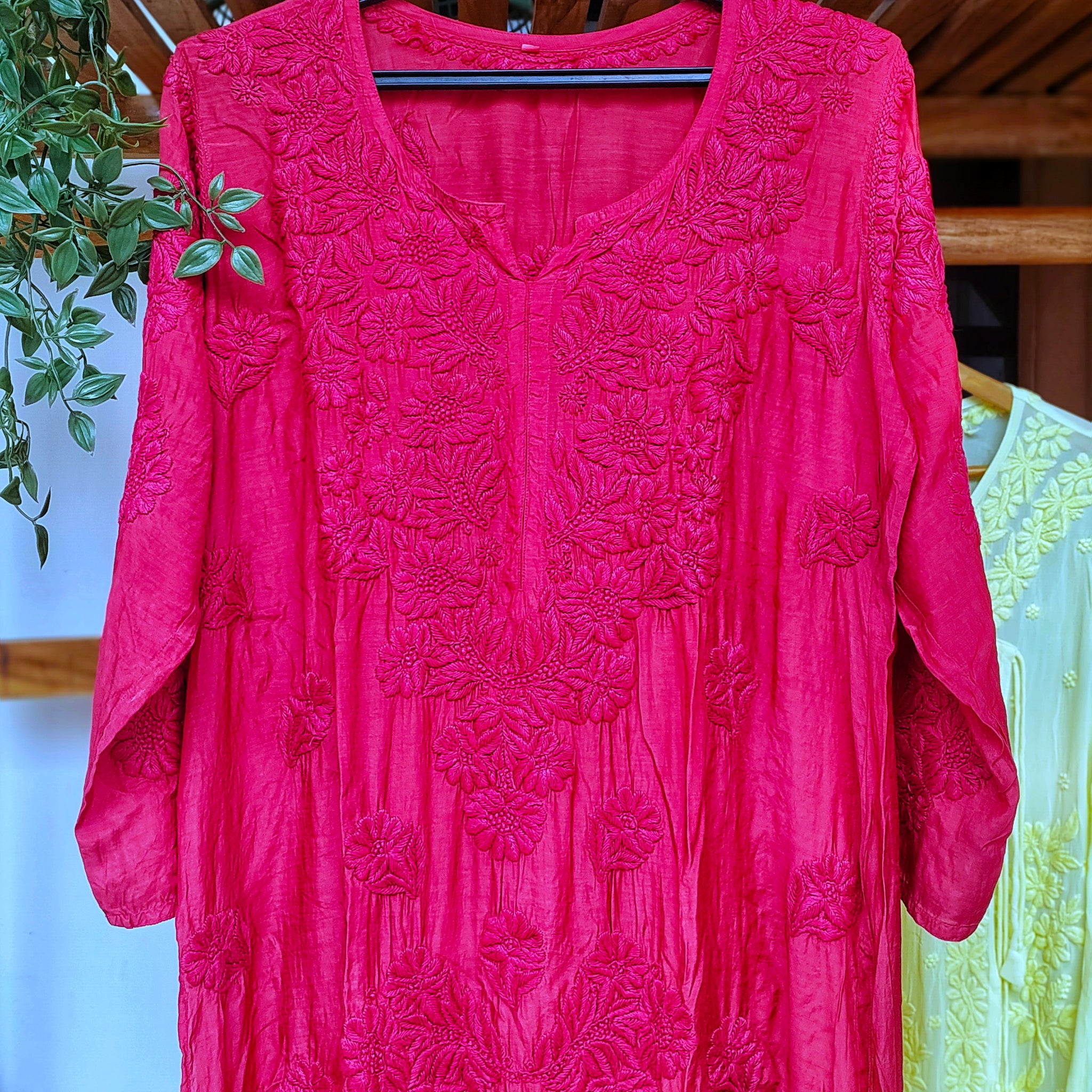 Cherry Red Premium Silk Chikankari Long Kurta (Hand Embroidery Specially)