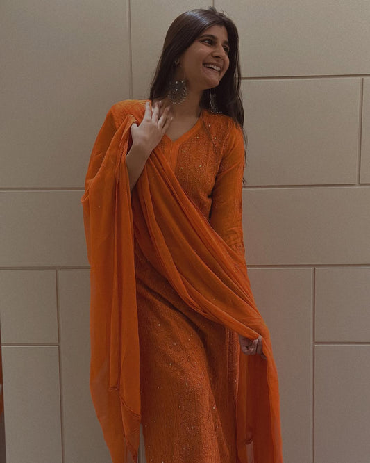 Hoor Orange Premium Georgette Chikankari Luxurious Set With Kamdani Add on