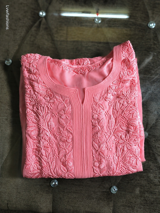 Flamingo Premium Georgette Chikankari Pure Handcrafted Luxurious Long Kurta